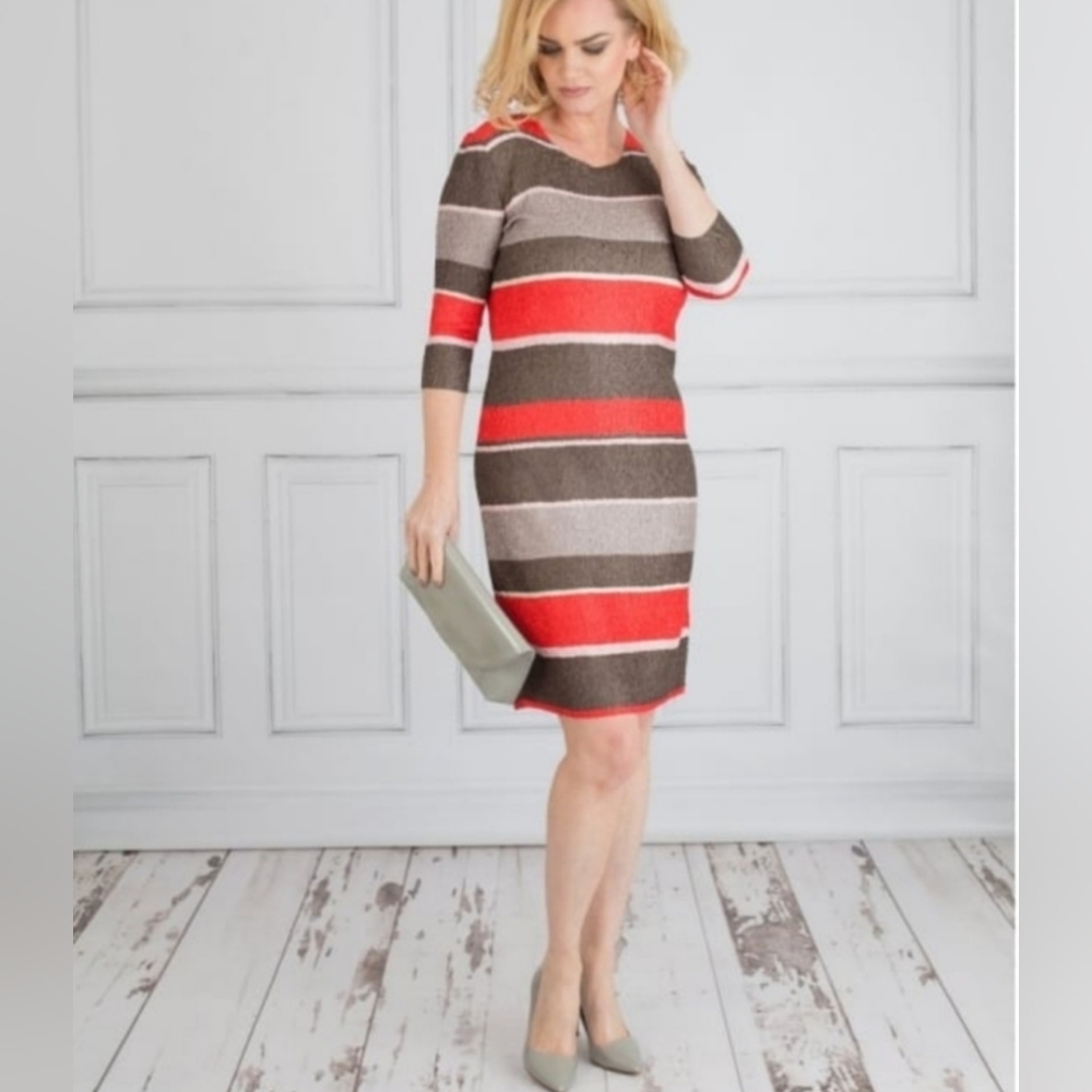 Riani grey and coral striped dress size 14